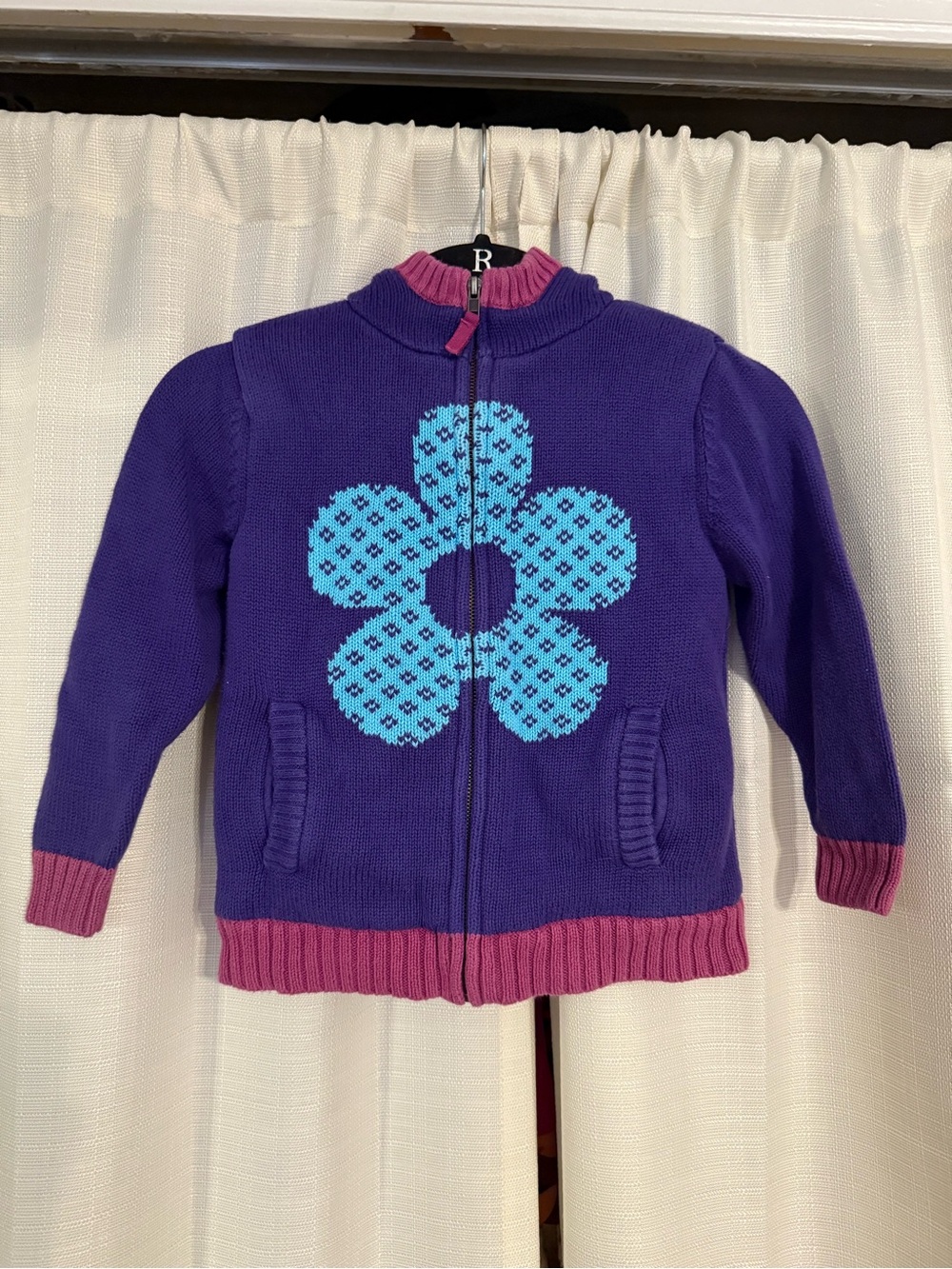 Hanna Andersson Purple Zip Cardigan with Blue Flower and Pink Trim